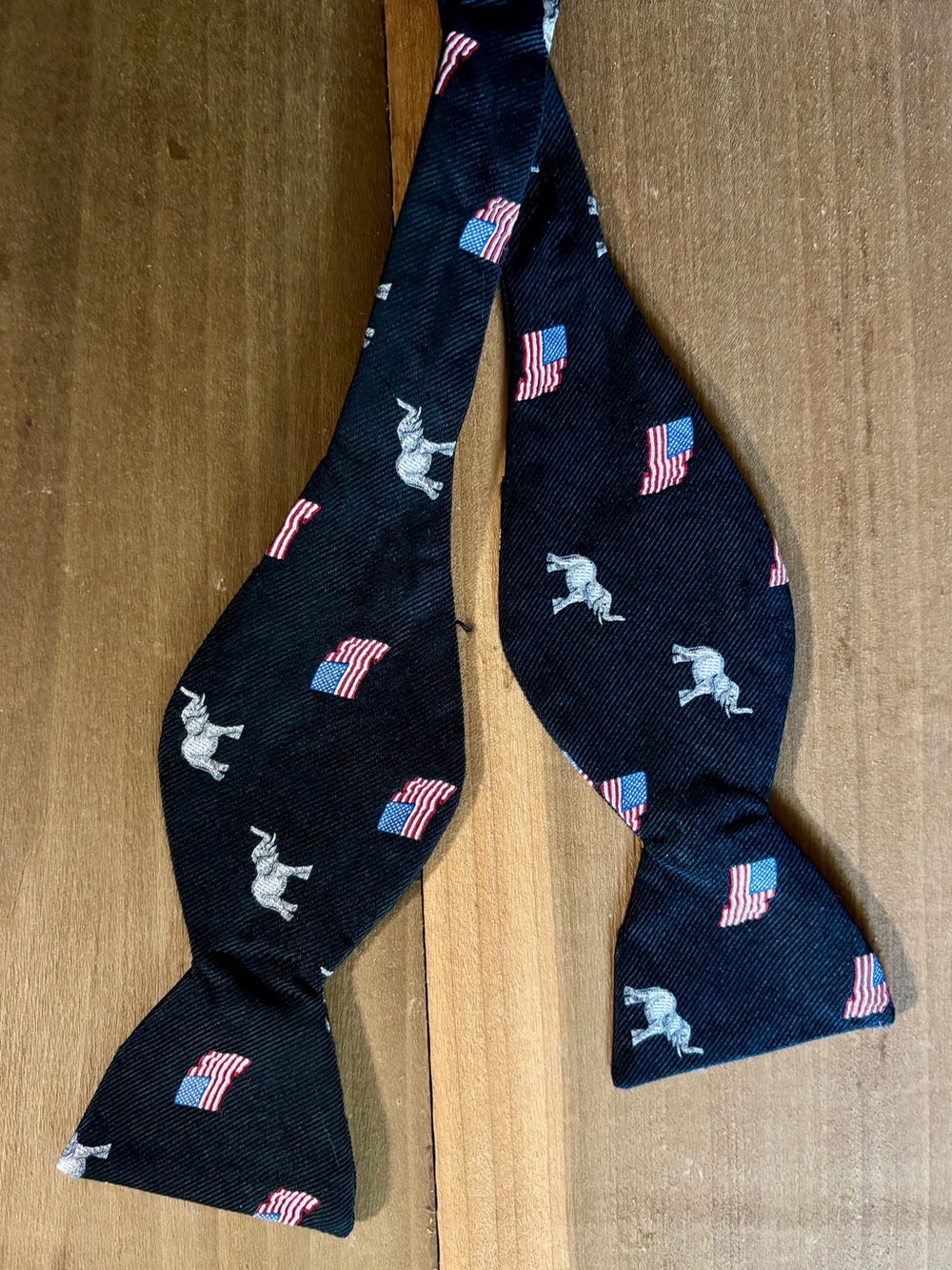 🌺 Carrot & Gibbs Black Self-Tie 100% Bow Tie with American Flag & Elephant Motif